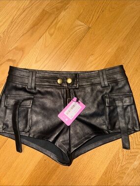 Edikted Black Faux Leather Bike Shorts with Gold Buttons